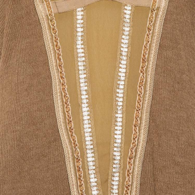 Pre Owned Roberto Cavalli Camel Brown Wool V-Neck Paneled Long Sleeve Top M