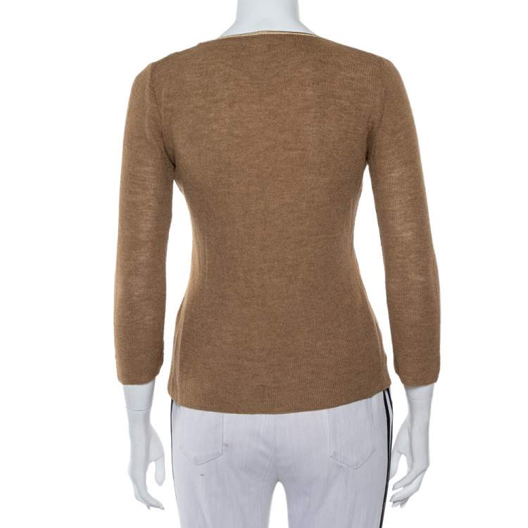 Pre Owned Roberto Cavalli Camel Brown Wool V-Neck Paneled Long Sleeve Top M
