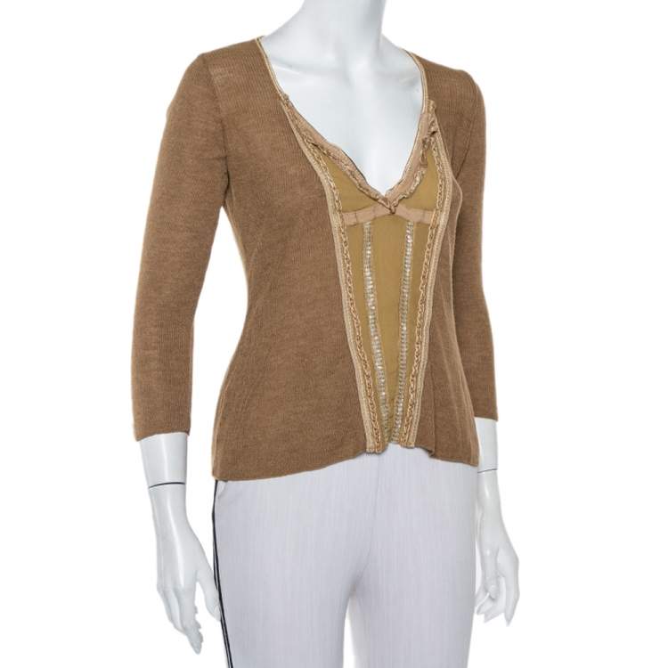 Pre Owned Roberto Cavalli Camel Brown Wool V-Neck Paneled Long Sleeve Top M