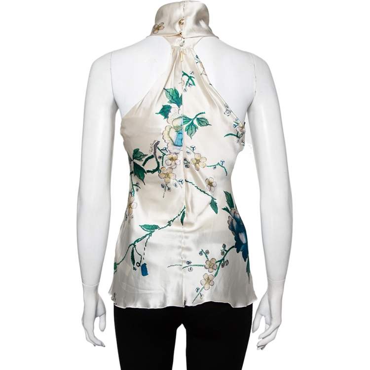 Pre Owned Roberto Cavalli White Floral Printed Silk Satin Halter Neck Top S