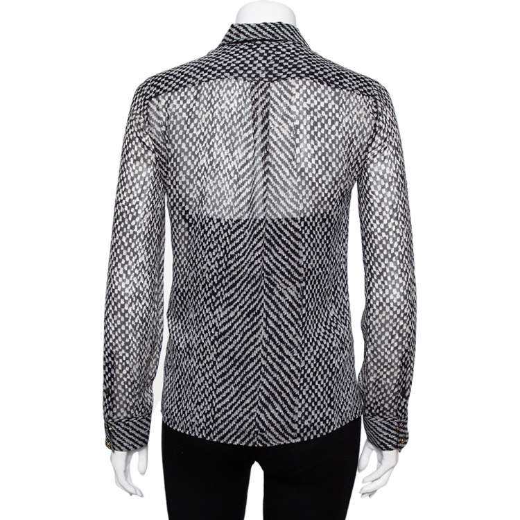 Pre Owned Roberto Cavalli Monochrome Silk Long Sleeve Sheer Blouse S