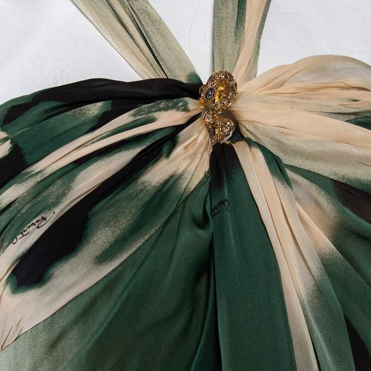 Pre Owned Roberto Cavalli Green & Cream Silk Bustier Detail Halterneck Gown M