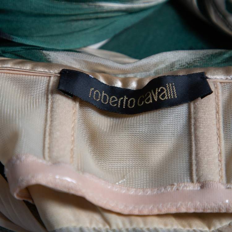 Pre Owned Roberto Cavalli Green & Cream Silk Bustier Detail Halterneck Gown M