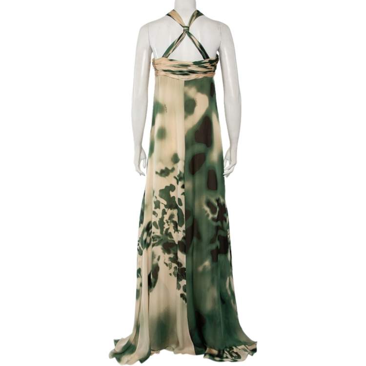 Pre Owned Roberto Cavalli Green & Cream Silk Bustier Detail Halterneck Gown M