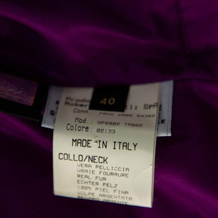 Pre Owned Roberto Cavalli Purple Silk Fur Collar Detail Puffer Jacket S