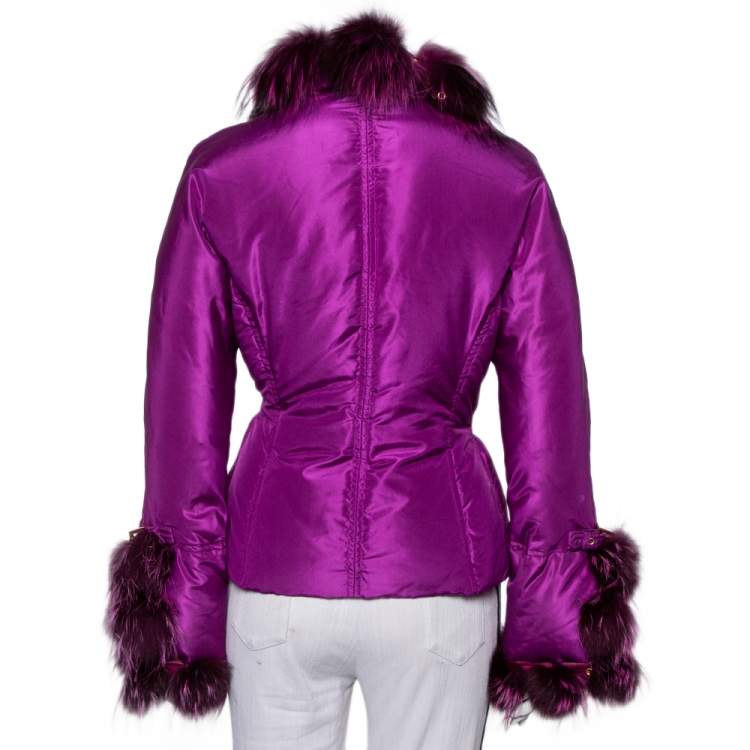 Pre Owned Roberto Cavalli Purple Silk Fur Collar Detail Puffer Jacket S