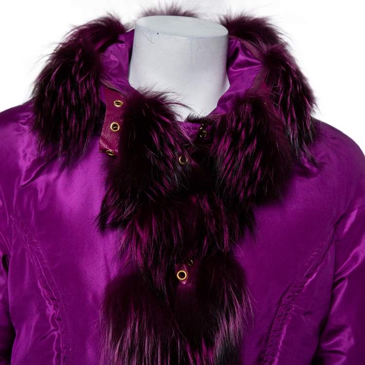 Pre Owned Roberto Cavalli Purple Silk Fur Collar Detail Puffer Jacket S
