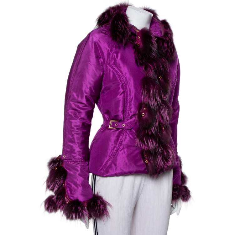 Pre Owned Roberto Cavalli Purple Silk Fur Collar Detail Puffer Jacket S