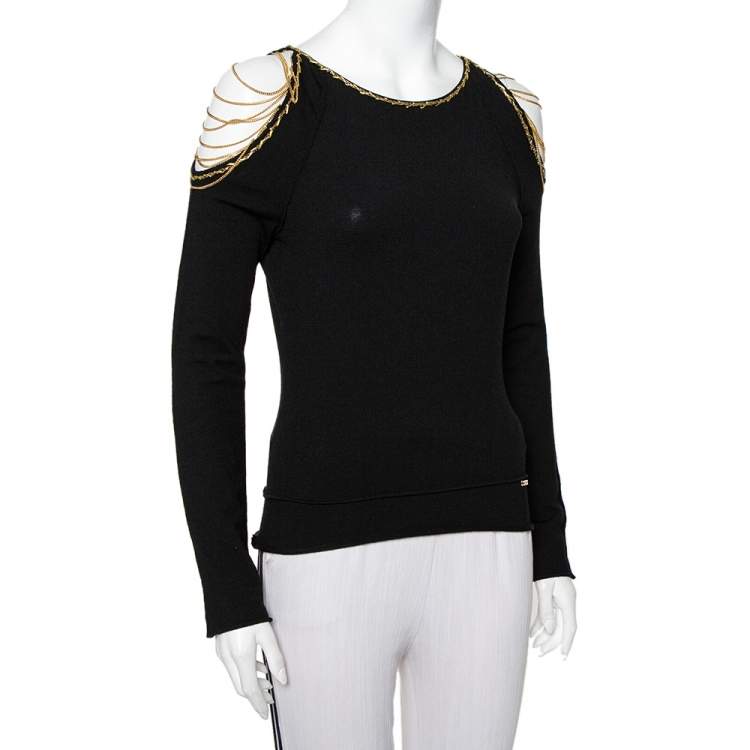Pre Owned Roberto Cavalli Black Wool Chain Detail Cold Shoulder Top L