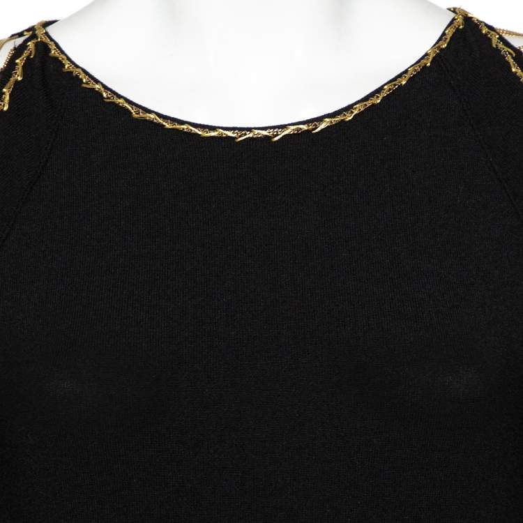 Pre Owned Roberto Cavalli Black Wool Chain Detail Cold Shoulder Top L