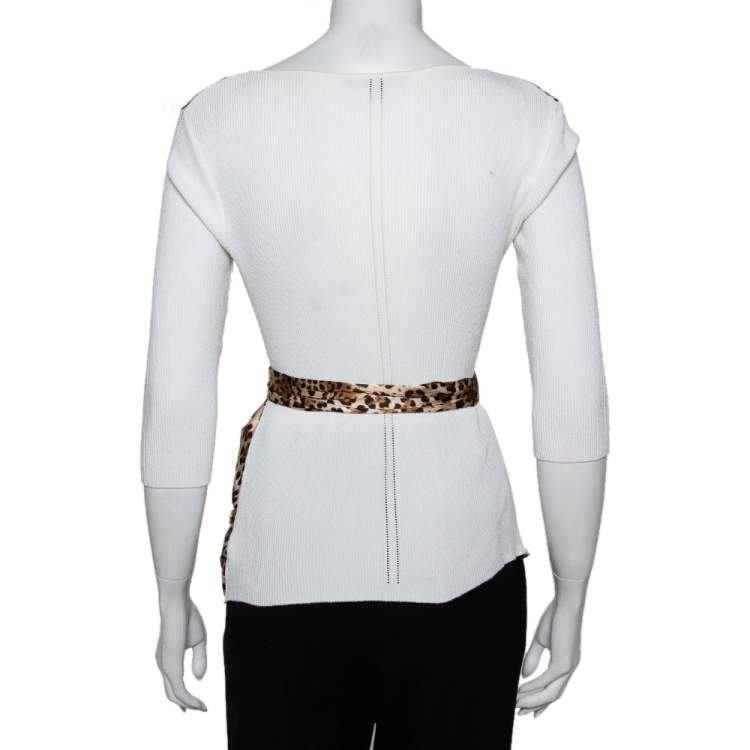 Pre Owned Roberto Cavalli White Rib Knit & Animal Printed Satin Paneled Wrap Top L