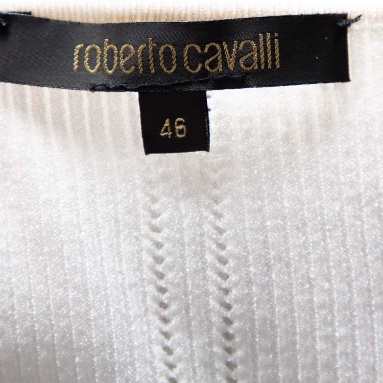 Pre Owned Roberto Cavalli White Rib Knit & Animal Printed Satin Paneled Wrap Top L