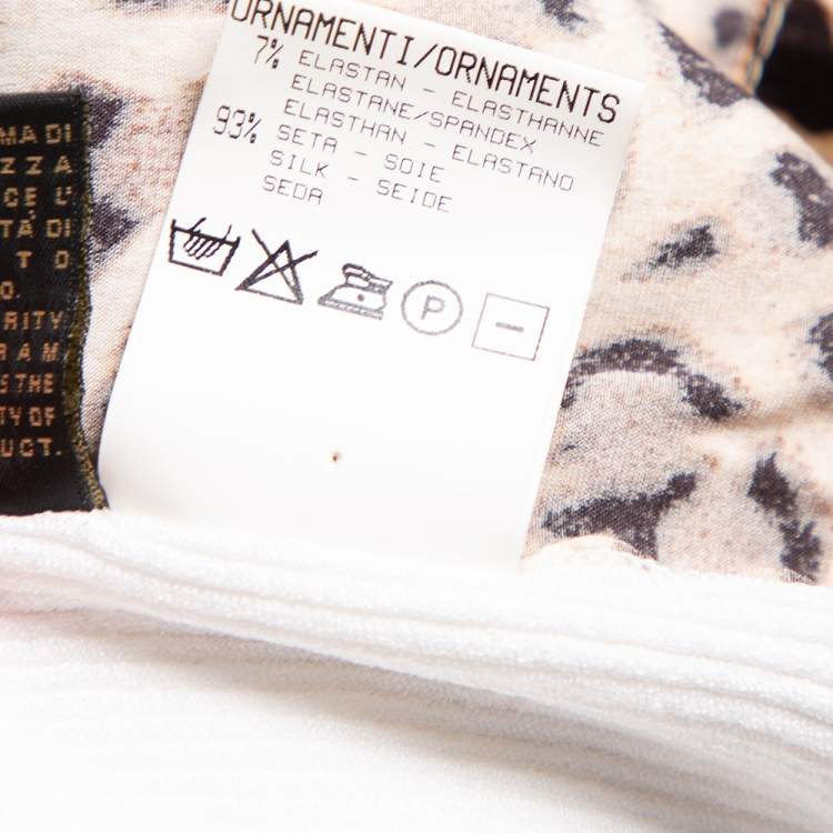 Pre Owned Roberto Cavalli White Rib Knit & Animal Printed Satin Paneled Wrap Top L