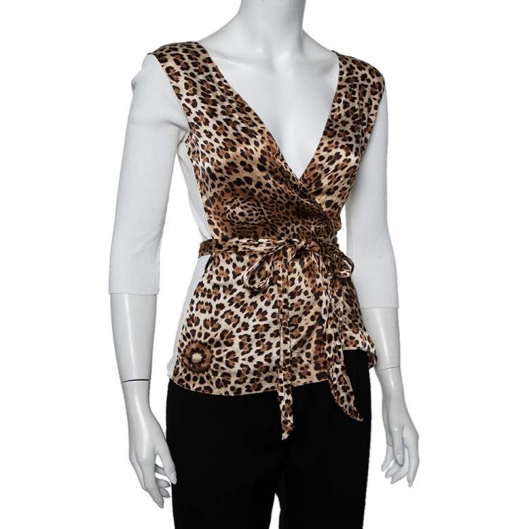Pre Owned Roberto Cavalli White Rib Knit & Animal Printed Satin Paneled Wrap Top L