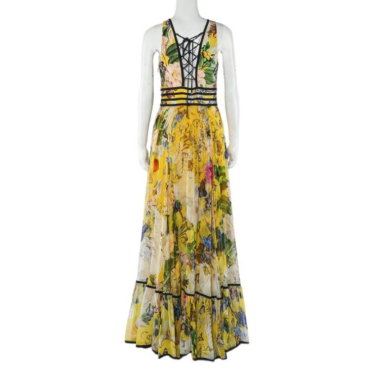 مملوكة مسبقًا Roberto Cavalli Yellow Floral Printed Silk Lace Up Detail Sleeveless Maxi Dress S