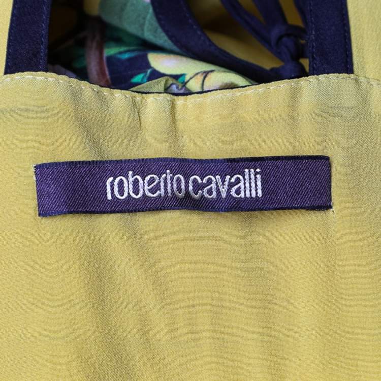 مملوكة مسبقًا Roberto Cavalli Yellow Floral Printed Silk Lace Up Detail Sleeveless Maxi Dress S