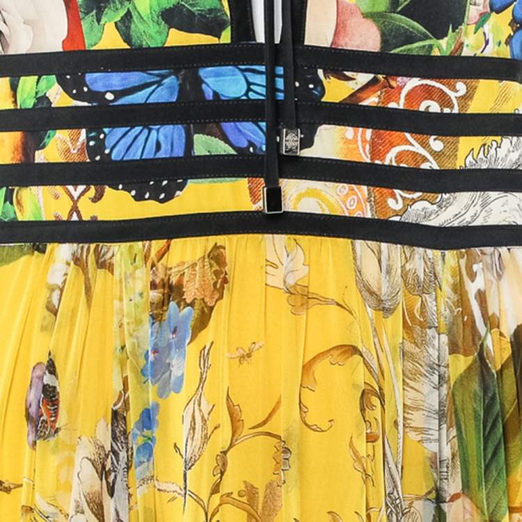 مملوكة مسبقًا Roberto Cavalli Yellow Floral Printed Silk Lace Up Detail Sleeveless Maxi Dress S