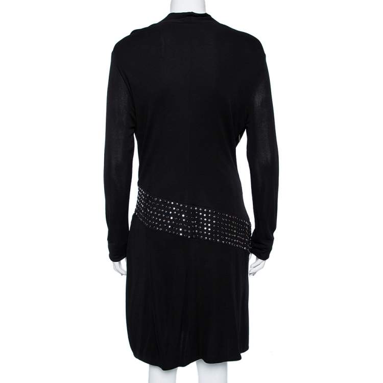 Pre Owned Roberto Cavalli Black Knit Metal Embellished Detail Faux Wrap Dress L