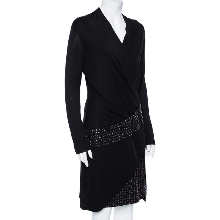 Pre Owned Roberto Cavalli Black Knit Metal Embellished Detail Faux Wrap Dress L