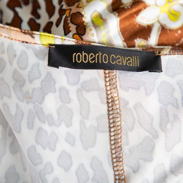 Pre Owned Roberto Cavalli Yellow Printed Jersey Ruffle Trim Faux Wrap Midi Dress M