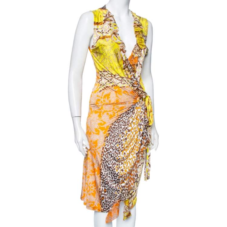 Pre Owned Roberto Cavalli Yellow Printed Jersey Ruffle Trim Faux Wrap Midi Dress M