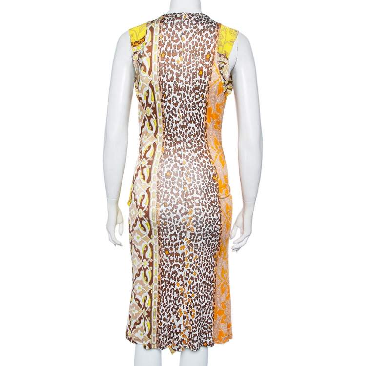 Pre Owned Roberto Cavalli Yellow Printed Jersey Ruffle Trim Faux Wrap Midi Dress M