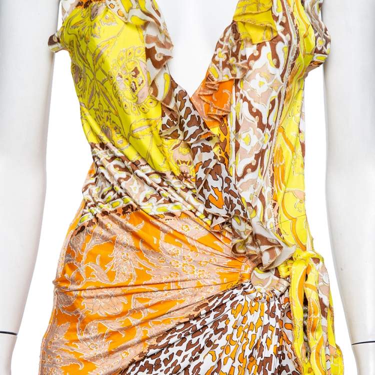Pre Owned Roberto Cavalli Yellow Printed Jersey Ruffle Trim Faux Wrap Midi Dress M