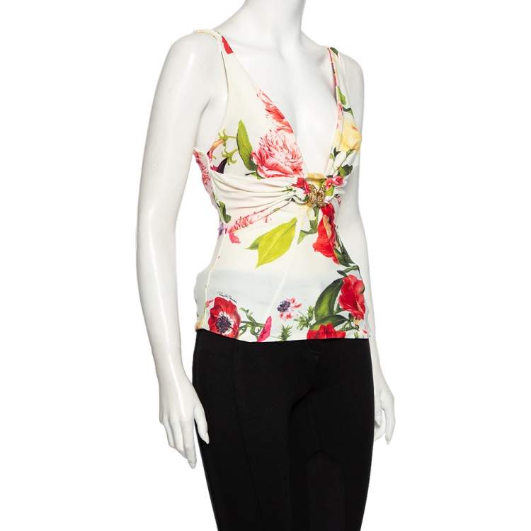 Pre Owned Roberto Cavalli Cream Floral Printed Knit Plunge Neck Camisole M