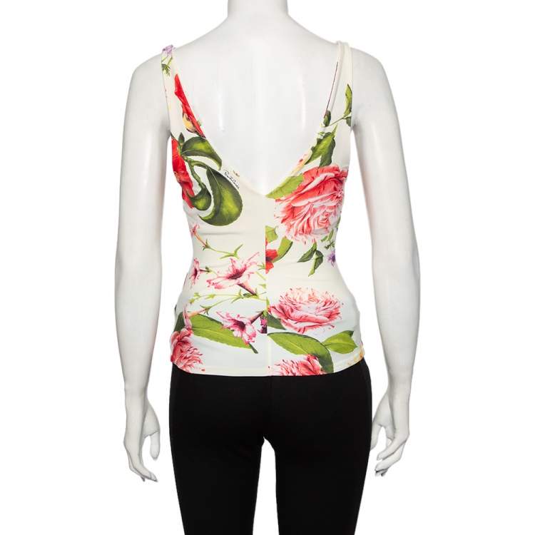 Pre Owned Roberto Cavalli Cream Floral Printed Knit Plunge Neck Camisole M