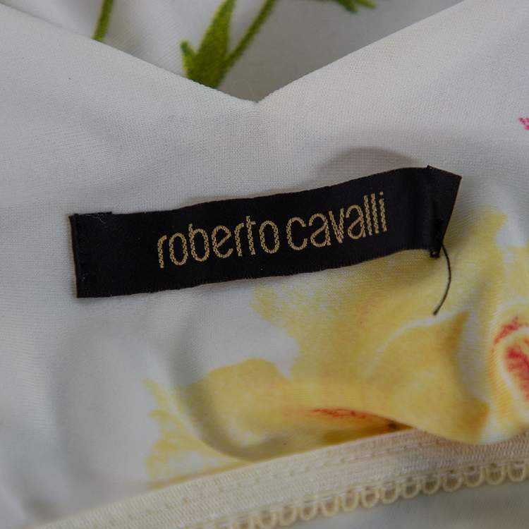 Pre Owned Roberto Cavalli Cream Floral Printed Knit Plunge Neck Camisole M