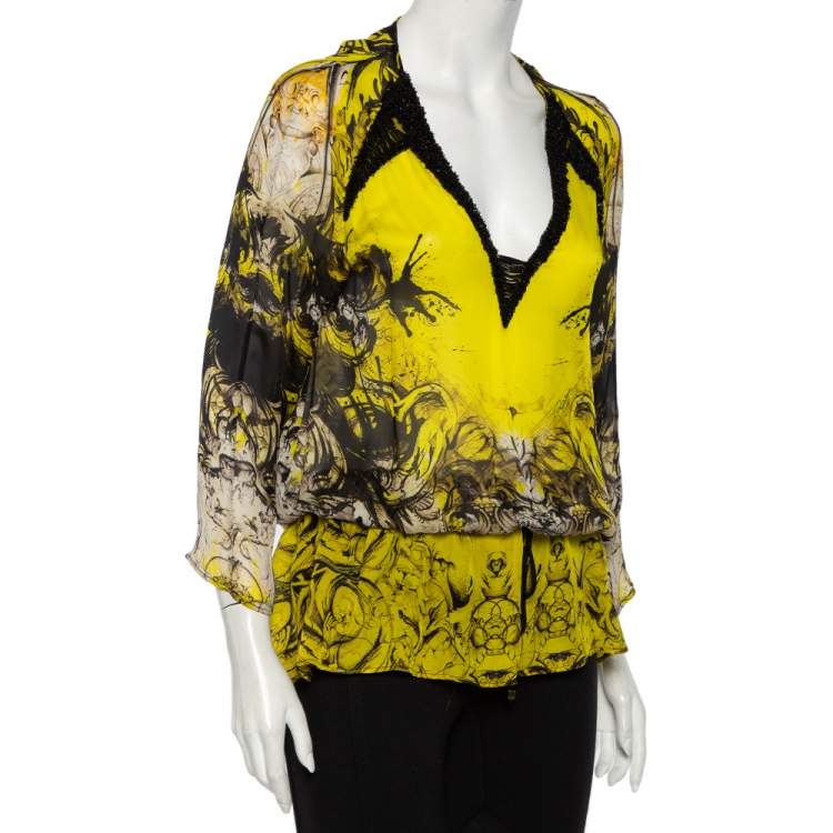 مملوكة مسبقًا Roberto Cavalli Yellow Printed Silk Sequin Detail Oversized Tunic S