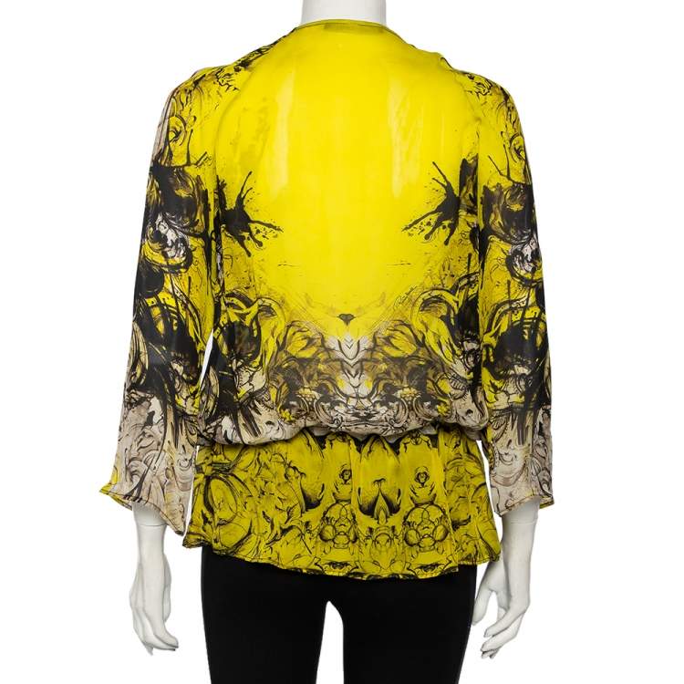 مملوكة مسبقًا Roberto Cavalli Yellow Printed Silk Sequin Detail Oversized Tunic S
