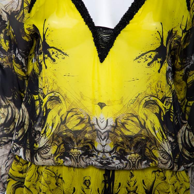 مملوكة مسبقًا Roberto Cavalli Yellow Printed Silk Sequin Detail Oversized Tunic S
