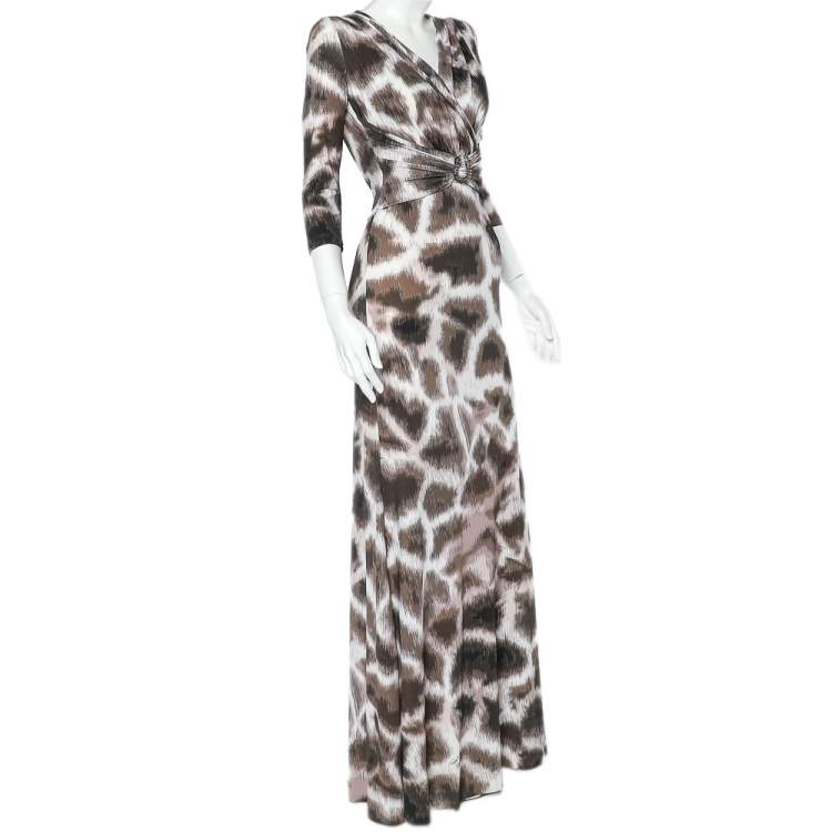 Pre Owned Roberto Cavalli Beige Animal Printed Jersey Faux wrap Draped Maxi Dress S