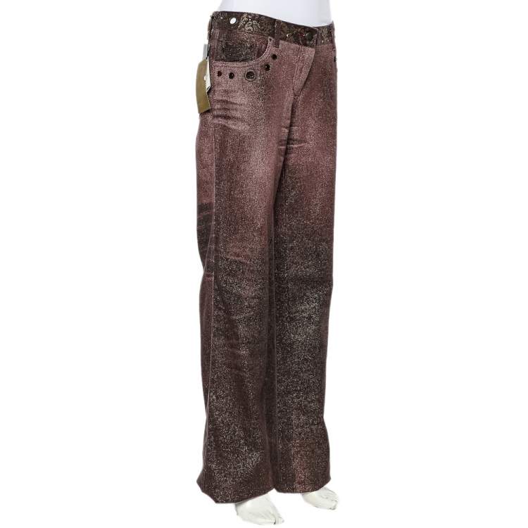Pre Owned Roberto Cavalli Purple Lurex Denim Embellished Waist Detail Straight Leg Denim XL