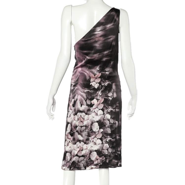 Pre Owned Roberto Cavalli Purple Floral Printed Stretch Satin One Shoulder Mini Dress M