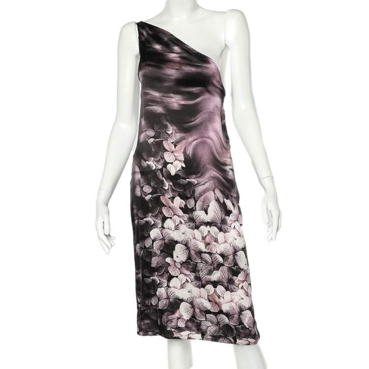 Pre Owned Roberto Cavalli Purple Floral Printed Stretch Satin One Shoulder Mini Dress M