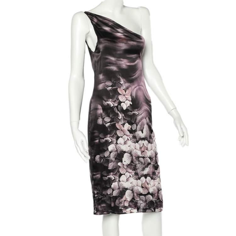 Pre Owned Roberto Cavalli Purple Floral Printed Stretch Satin One Shoulder Mini Dress M