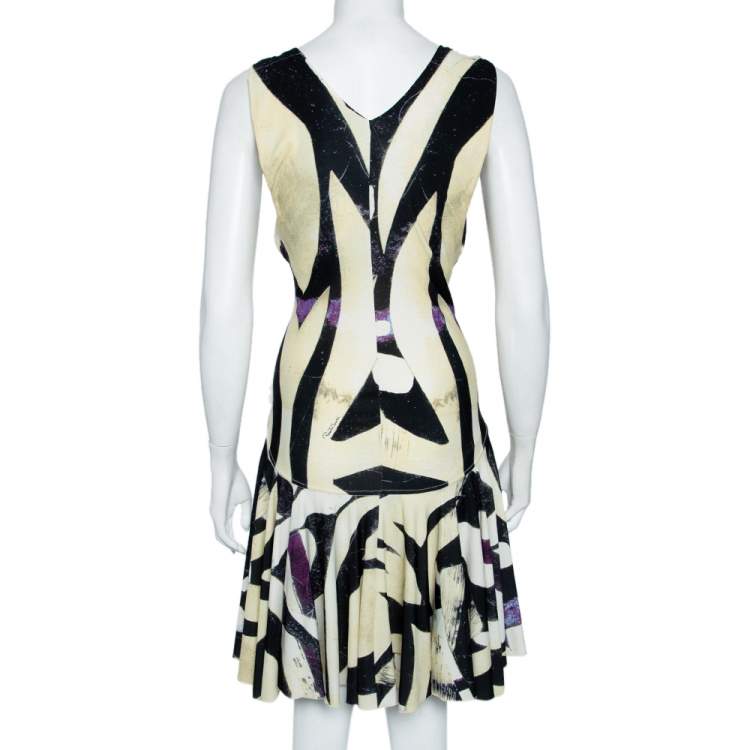 Pre Owned Roberto Cavalli Yellow & Black Abstract Printed Jersey Ruched Midi Dress M