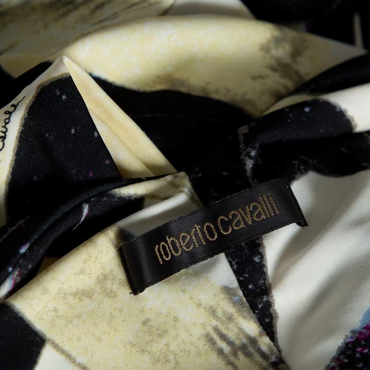 Pre Owned Roberto Cavalli Yellow & Black Abstract Printed Jersey Ruched Midi Dress M