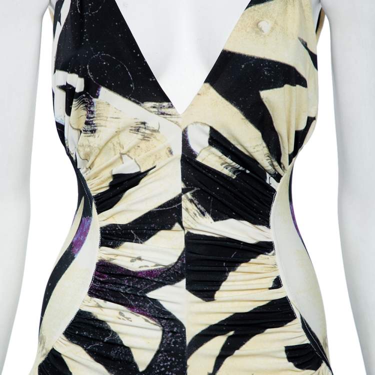 Pre Owned Roberto Cavalli Yellow & Black Abstract Printed Jersey Ruched Midi Dress M