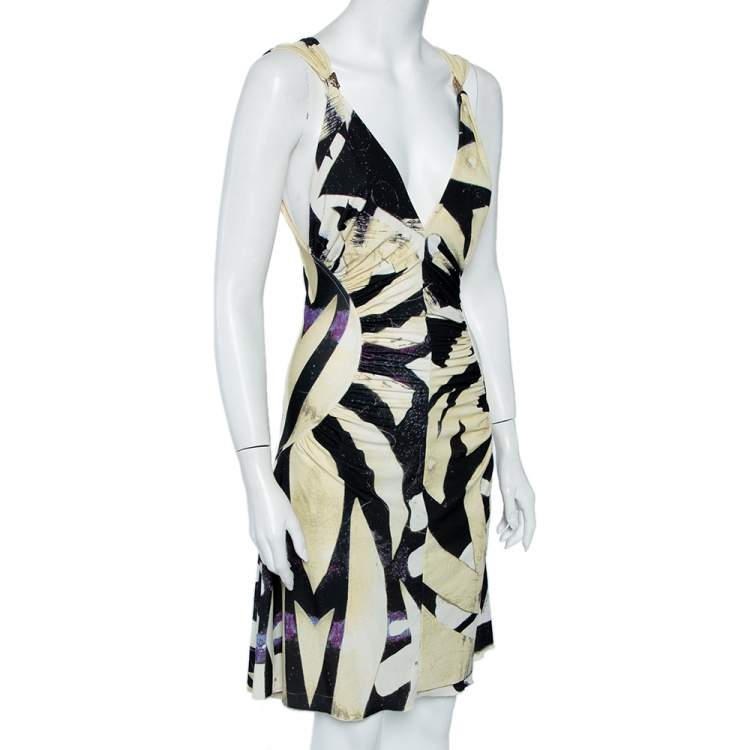 Pre Owned Roberto Cavalli Yellow & Black Abstract Printed Jersey Ruched Midi Dress M
