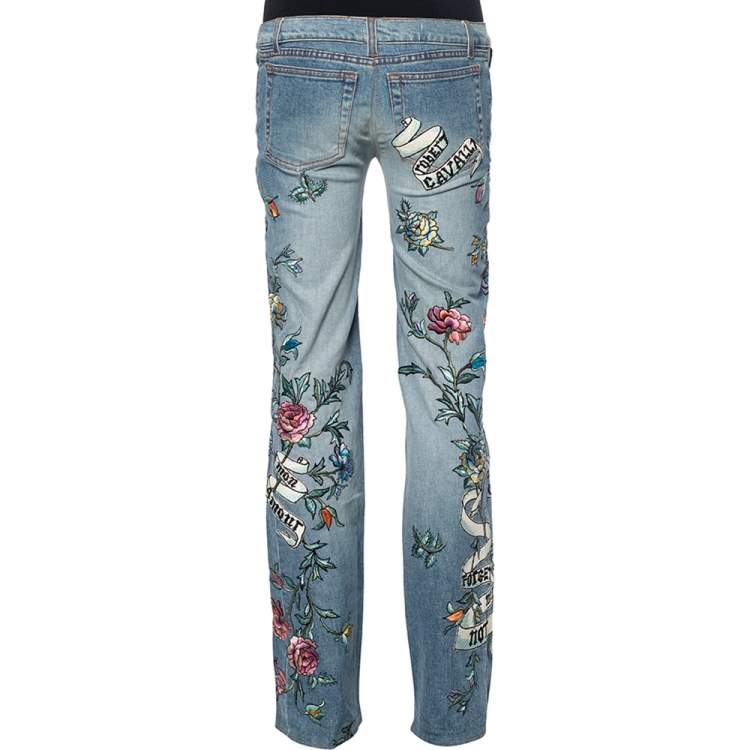 Pre Owned  Roberto Cavalli Blue Floral Embroidered Denim Wide Leg Jeans XS