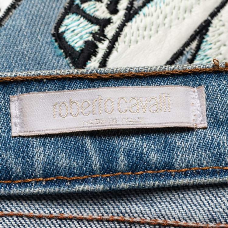 Pre Owned  Roberto Cavalli Blue Floral Embroidered Denim Wide Leg Jeans XS