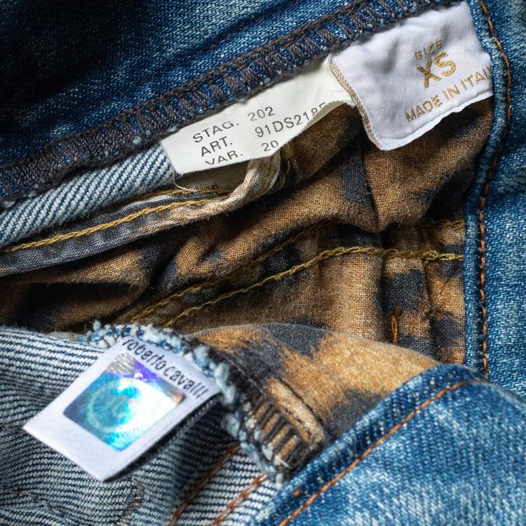 Pre Owned  Roberto Cavalli Blue Floral Embroidered Denim Wide Leg Jeans XS
