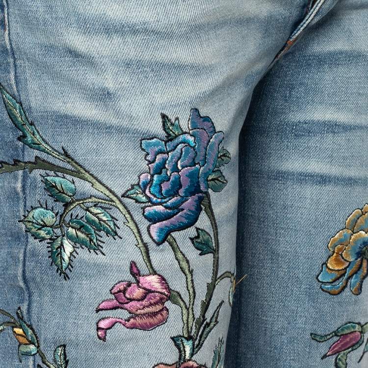 Pre Owned  Roberto Cavalli Blue Floral Embroidered Denim Wide Leg Jeans XS