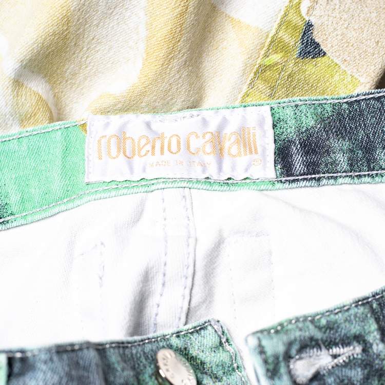 Pre Owned  Roberto Cavalli White Floral Printed Denim Cuffed Hem Jeans XS