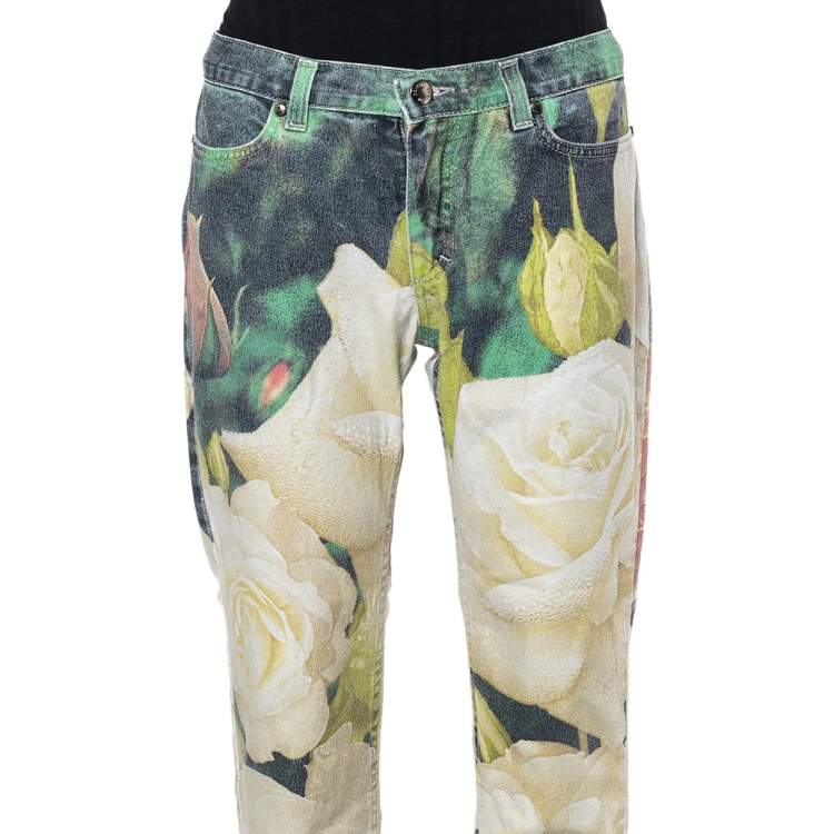 Pre Owned  Roberto Cavalli White Floral Printed Denim Cuffed Hem Jeans XS