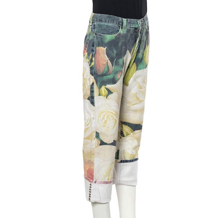 Pre Owned  Roberto Cavalli White Floral Printed Denim Cuffed Hem Jeans XS