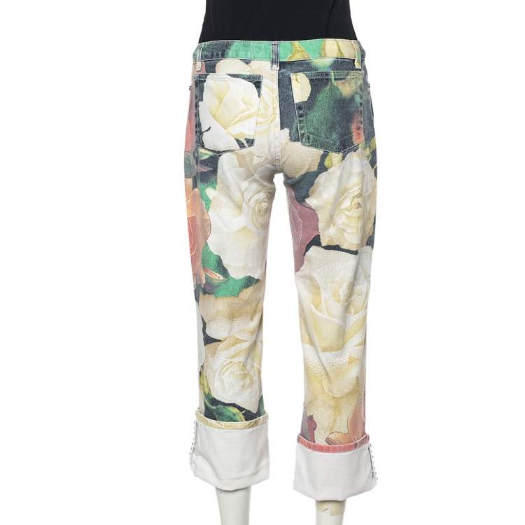 Pre Owned  Roberto Cavalli White Floral Printed Denim Cuffed Hem Jeans XS